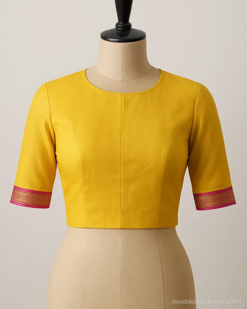 Yellow blouse with pink border for a Narayanpet saree, high round front