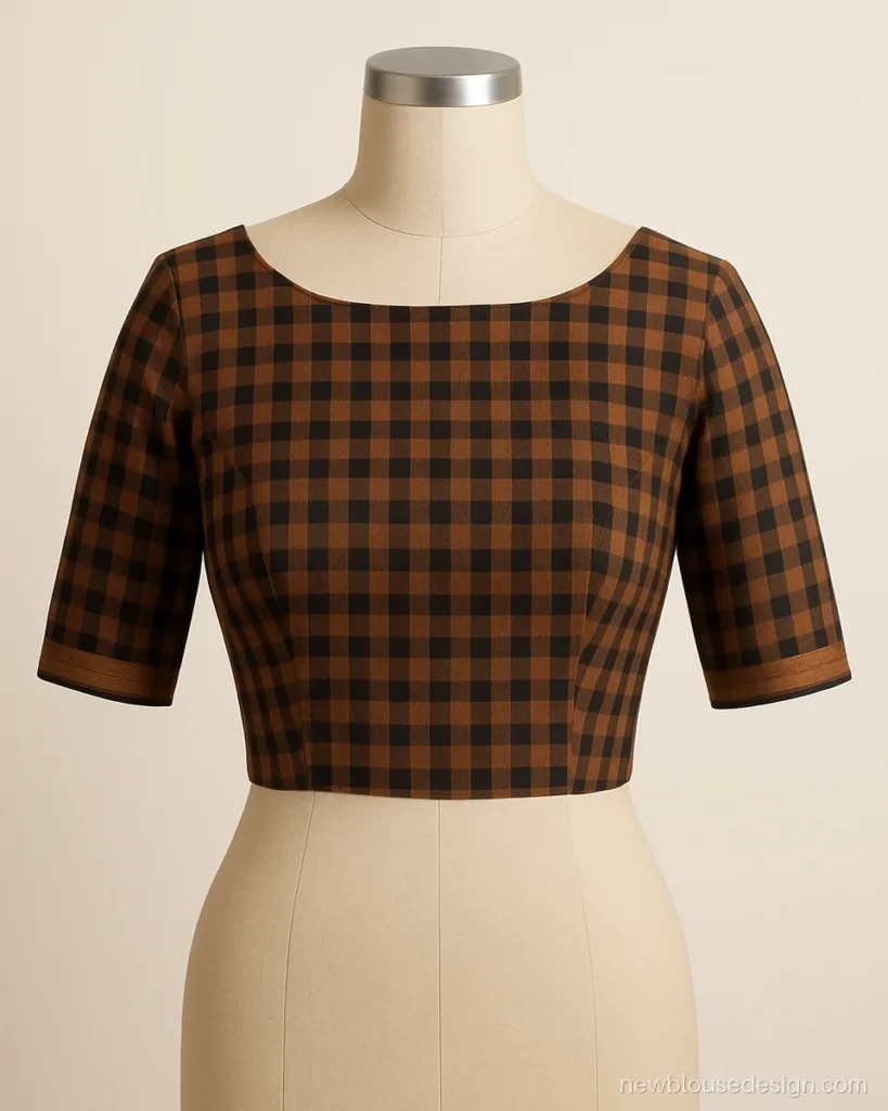 Simple south indian blouse design in Chettinad check cotton with boat neck