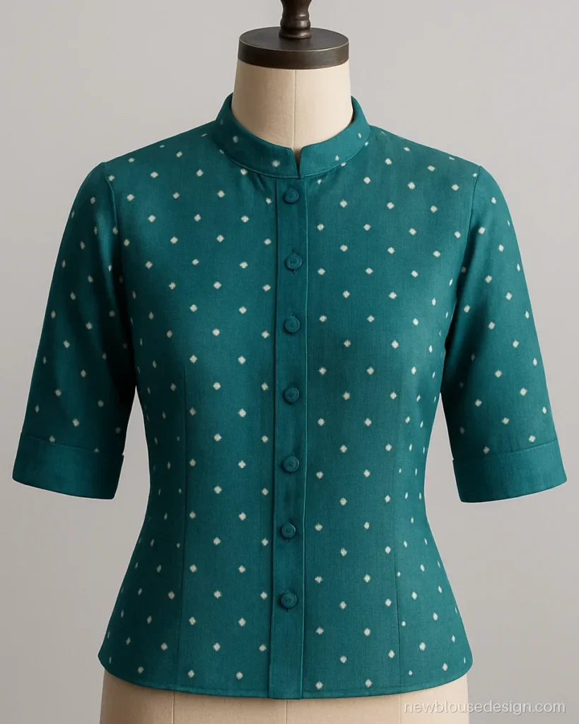 Teal Madurai sungudi cotton blouse with small collar neck and buttons
