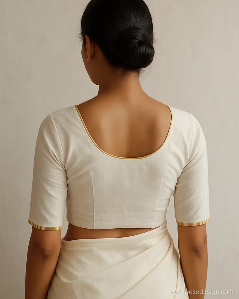 South indian white saree blouse back with simple round neck and gold piping