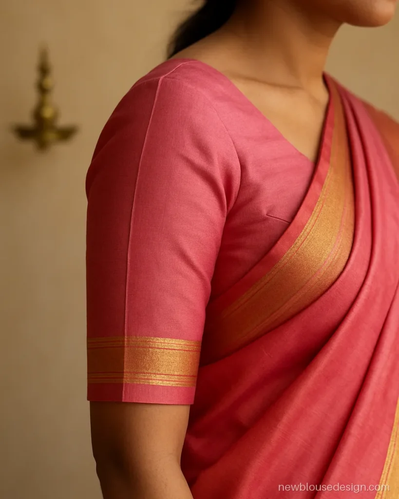 Pink silk sleeve with two thin gold borders at the elbow hem