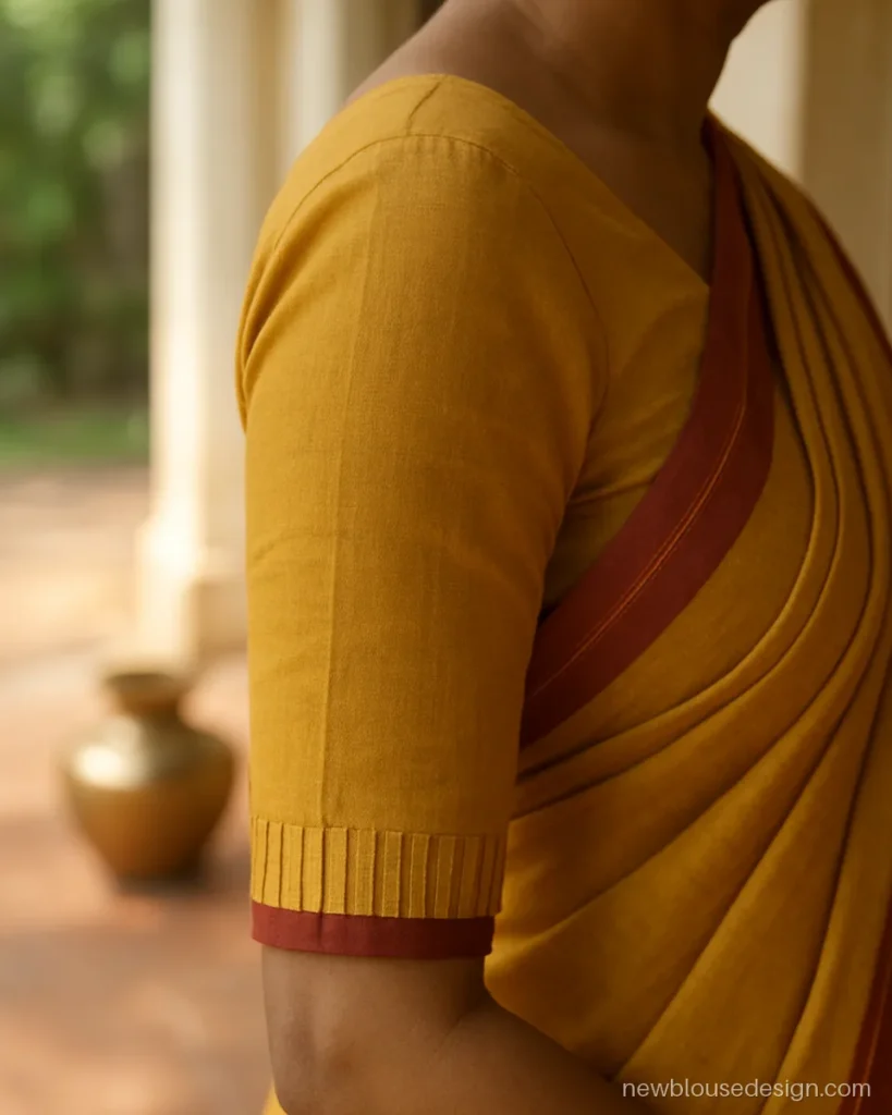 Mustard blouse sleeve with pleated hem and contrast maroon border