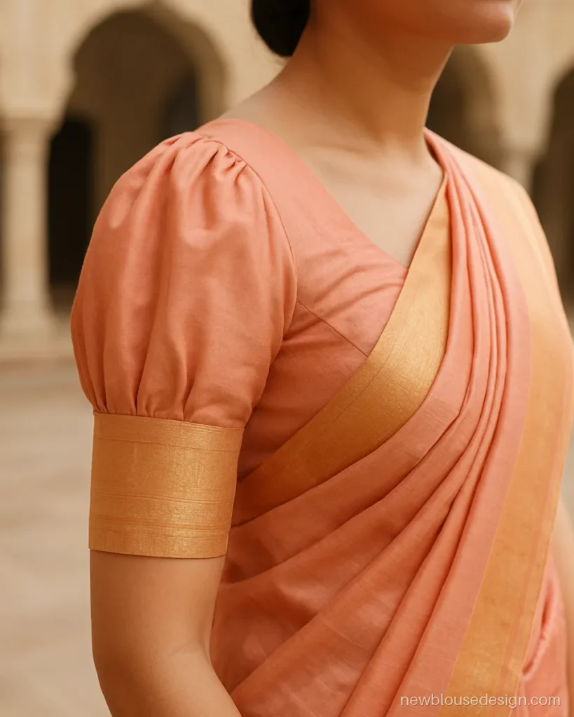 Peach Uppada silk blouse with small shoulder puff and elbow border
