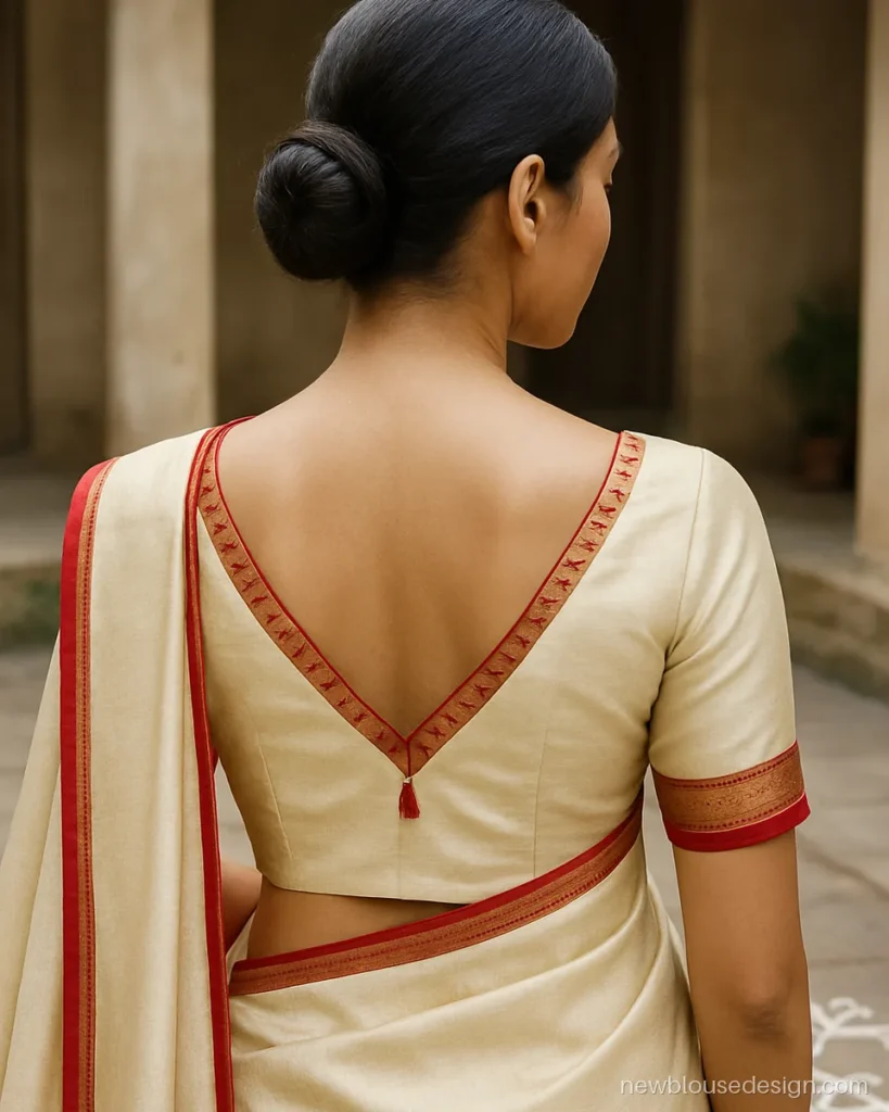 South indian saree blouse back design in cream with temple border V neck