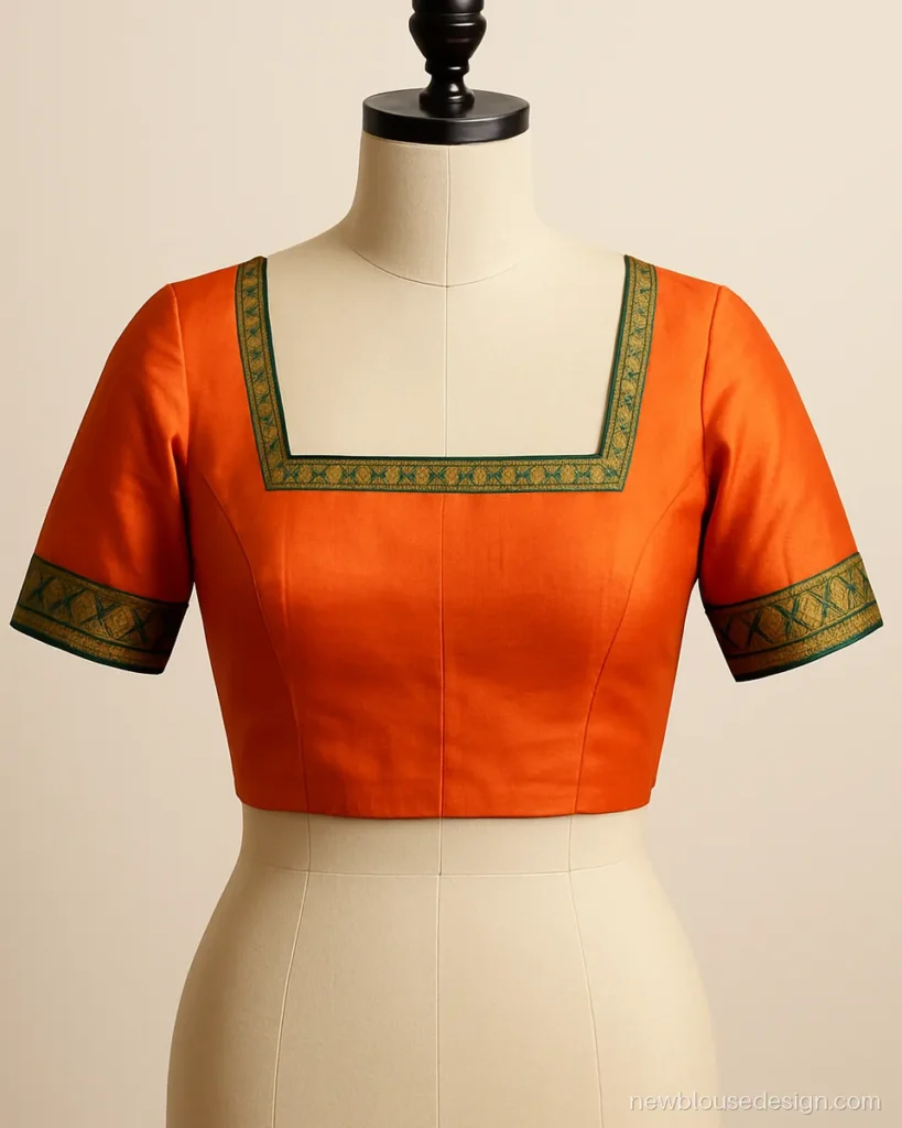 Orange silk blouse front with temple border around a deep square neck