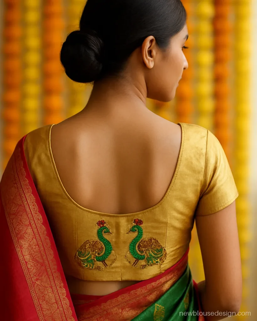 Gold silk wedding blouse back with aari peacocks and a deep U neck