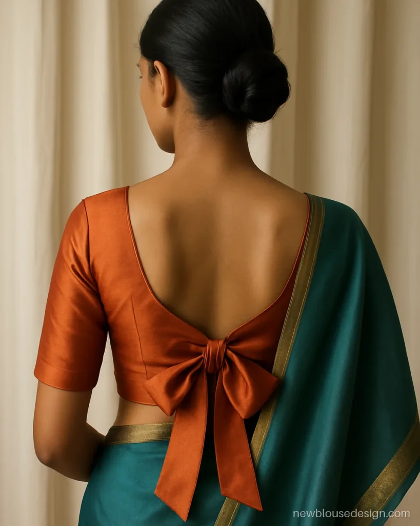 Burnt orange silk blouse back with a wide bow tie and a deep U neck