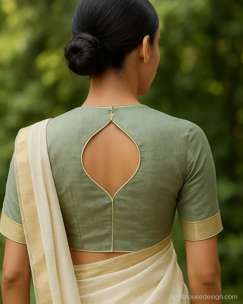 Sage green chanderi stylish blouse design with a paan leaf back cut-out