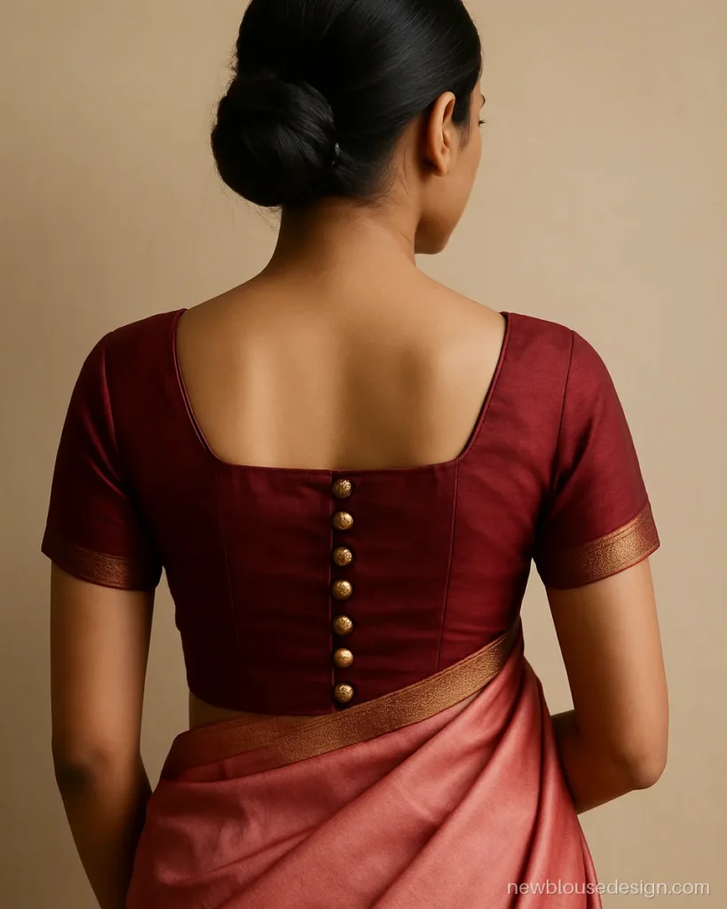 Modern potli button blouse design in wine silk with a square back