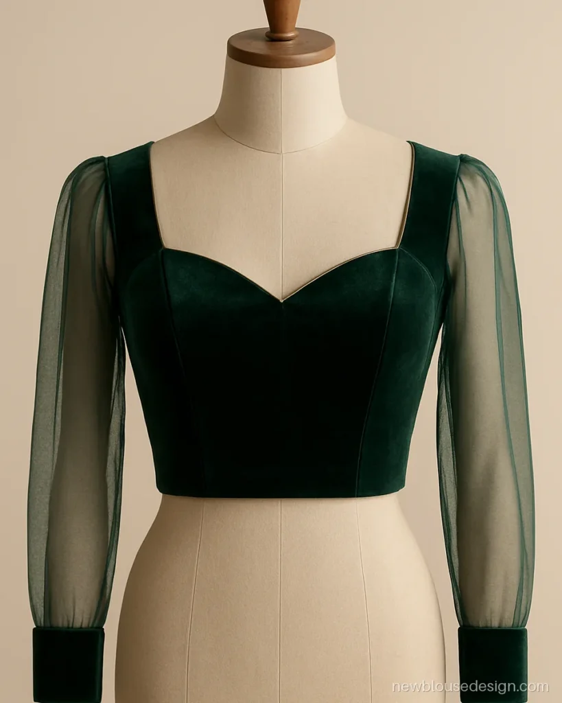 Bottle green velvet blouse with a sweetheart neck and full sheer sleeves