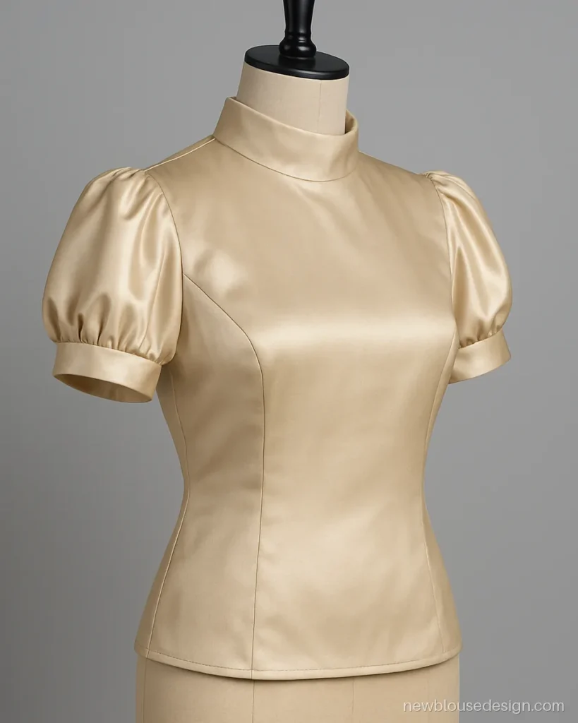 Champagne silk blouse with a stand collar and short puff sleeves