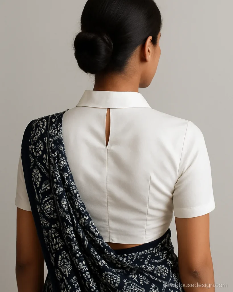White cotton modern air hostess blouse design with a neat collar back