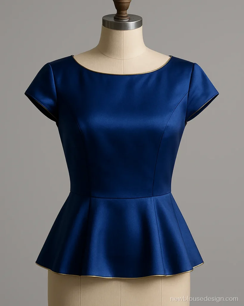 Cobalt blue silk peplum blouse with a short flared hem and boat neck