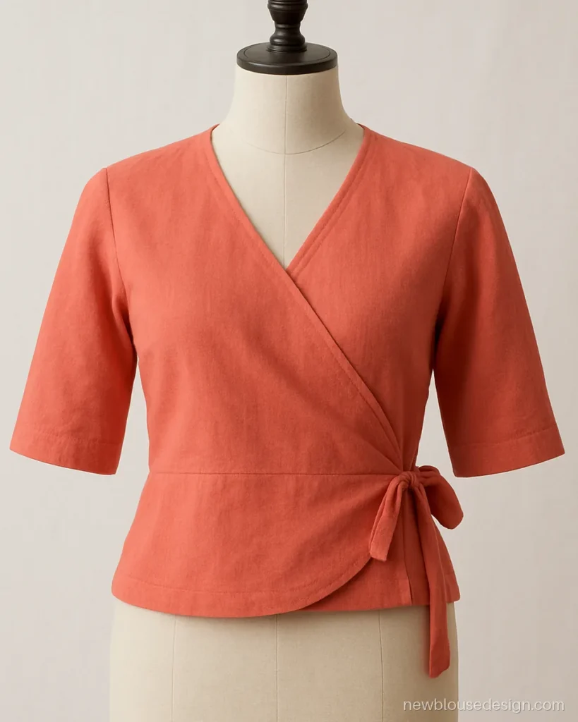 Coral cotton wrap front blouse style design with side tie