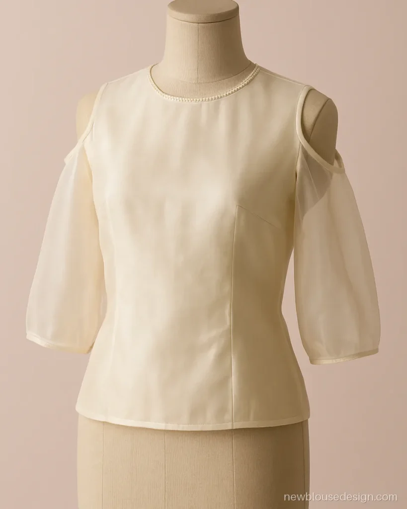 Modern shoulder cut blouse design in ivory organza with a cold shoulder slit