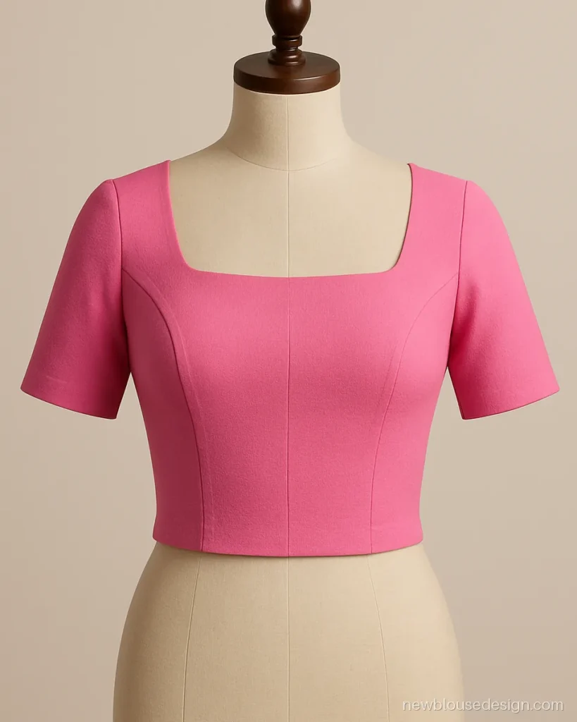 Pink crepe blouse with a wide square front neck and short sleeves