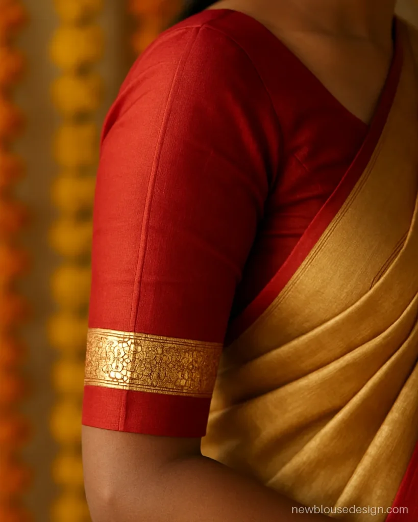 Red silk blouse sleeve with a stylish sequence band at the elbow