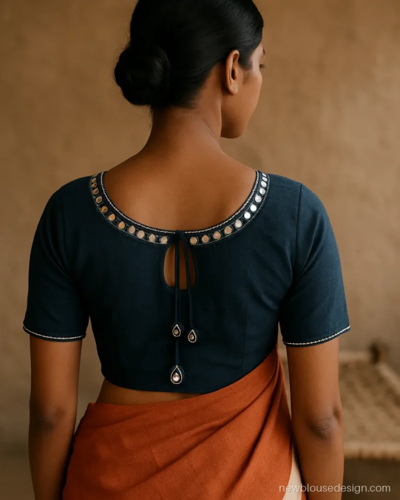 Indigo cotton blouse back with a round mirror work yoke and tie-up dori