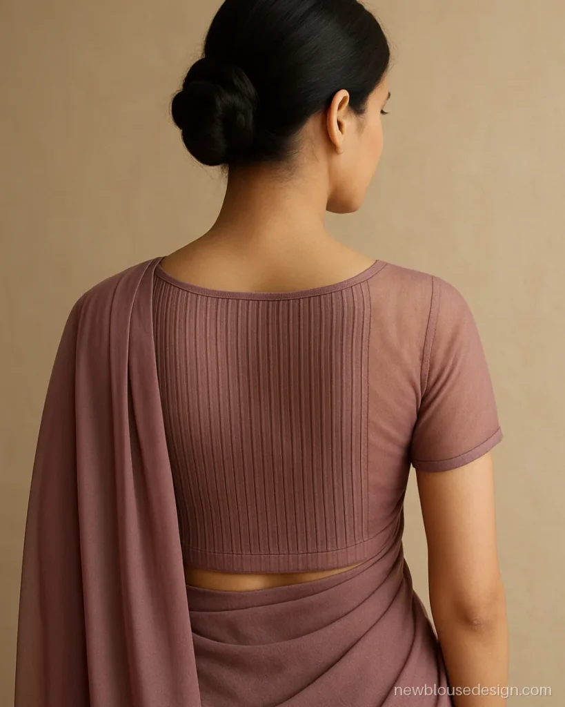 Mauve net blouse with a pin-tuck pleated back panel and round neck