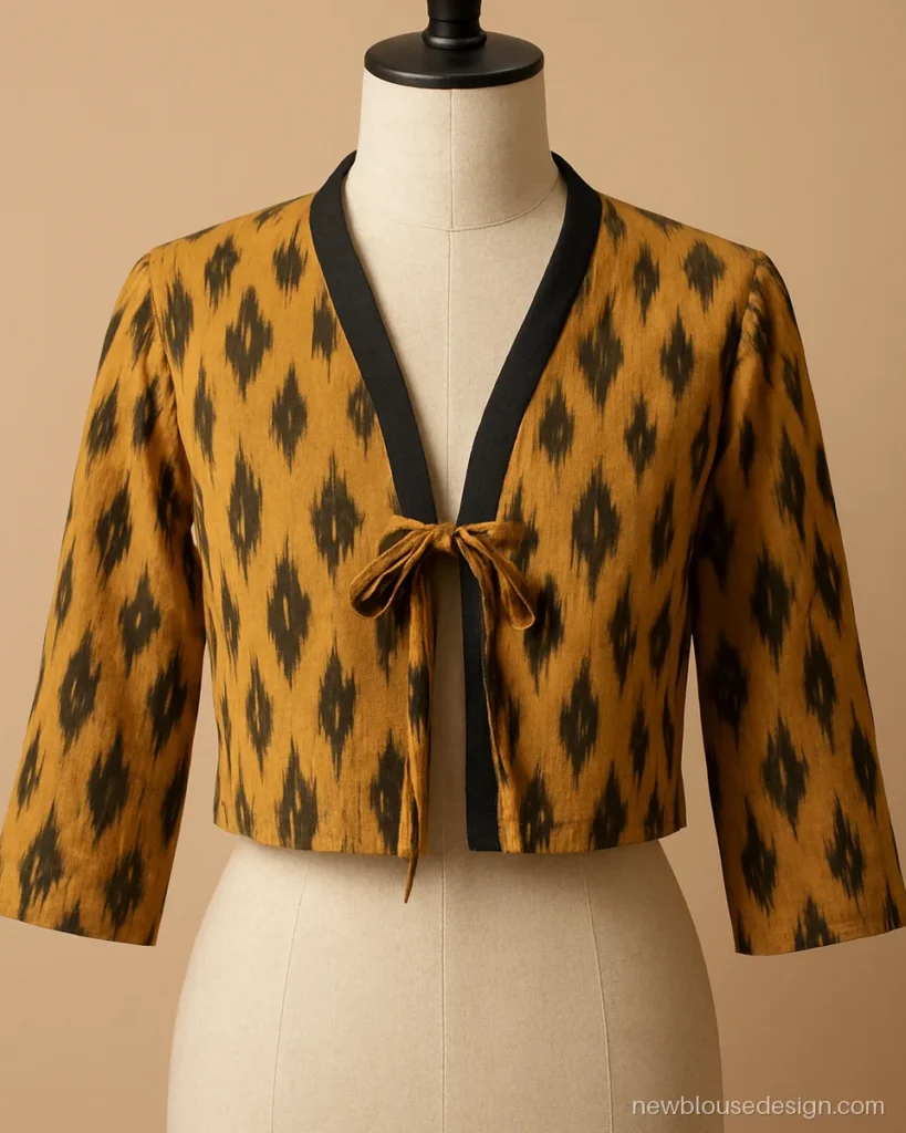 Mustard ikat crop jacket blouse with front tie and three-quarter sleeves