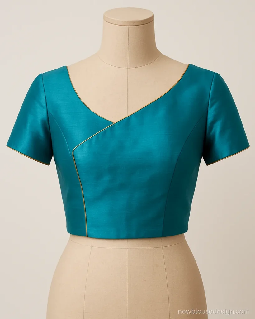Turquoise silk asymmetric neck blouse with one side higher than the other