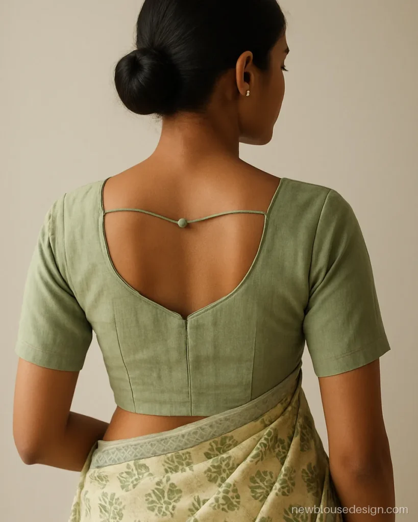Sage cotton blouse with simple low heart shaped back and button