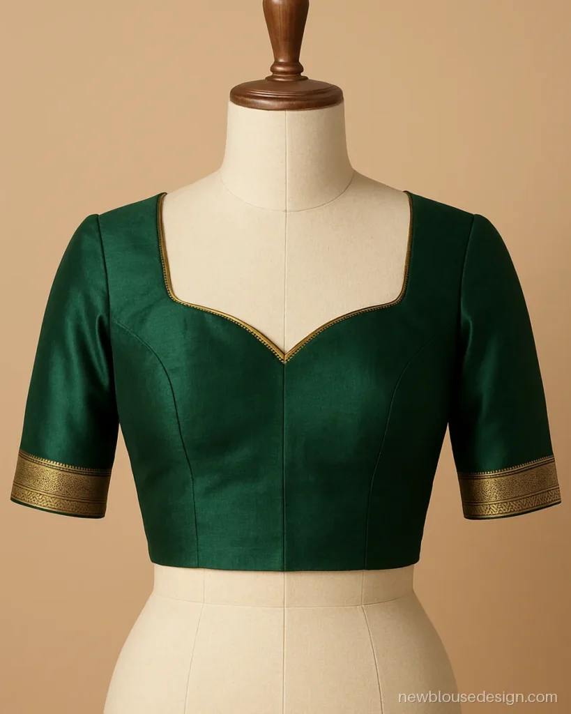 Green Kanjivaram blouse with temple border placed along sweetheart neck