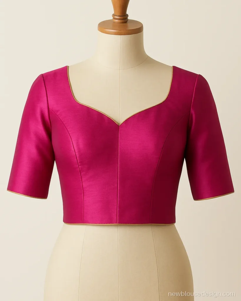 Rani pink silk blouse with classic sweetheart front neck and elbow sleeves