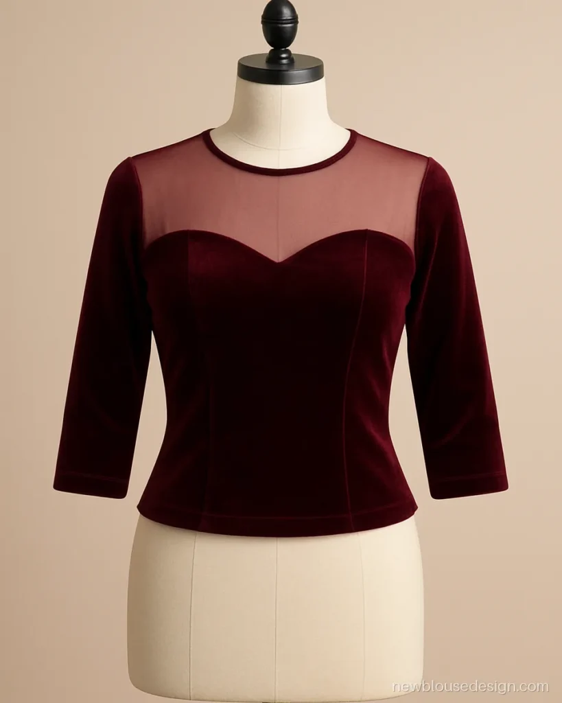 Wine velvet sweetheart blouse with sheer net yoke rising to a round neck