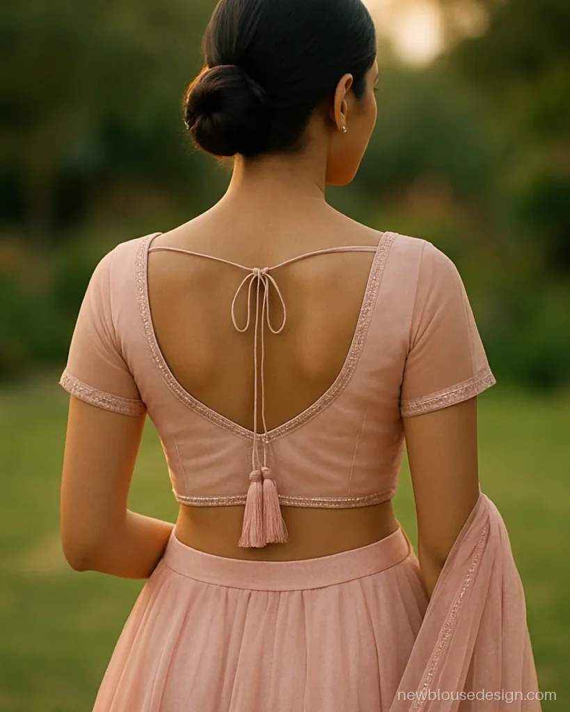 Blush net lehenga blouse back with heart cut and long tassel dori