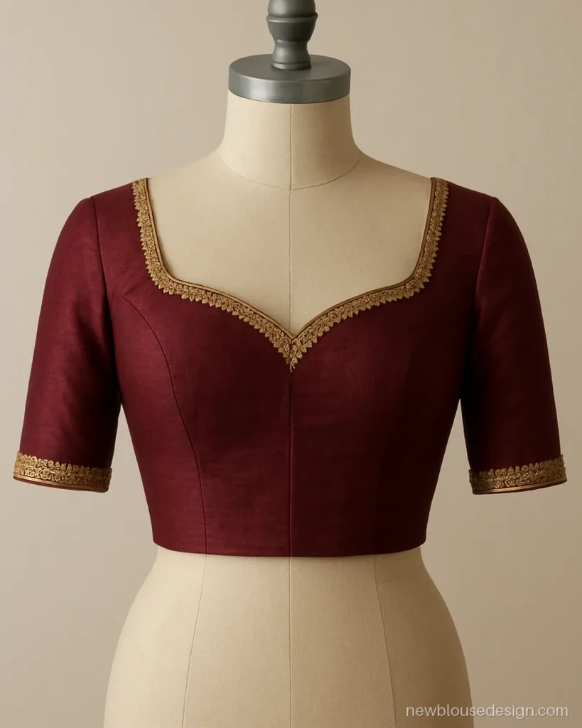 Maroon raw silk lehenga blouse with sweetheart neck and zardozi work