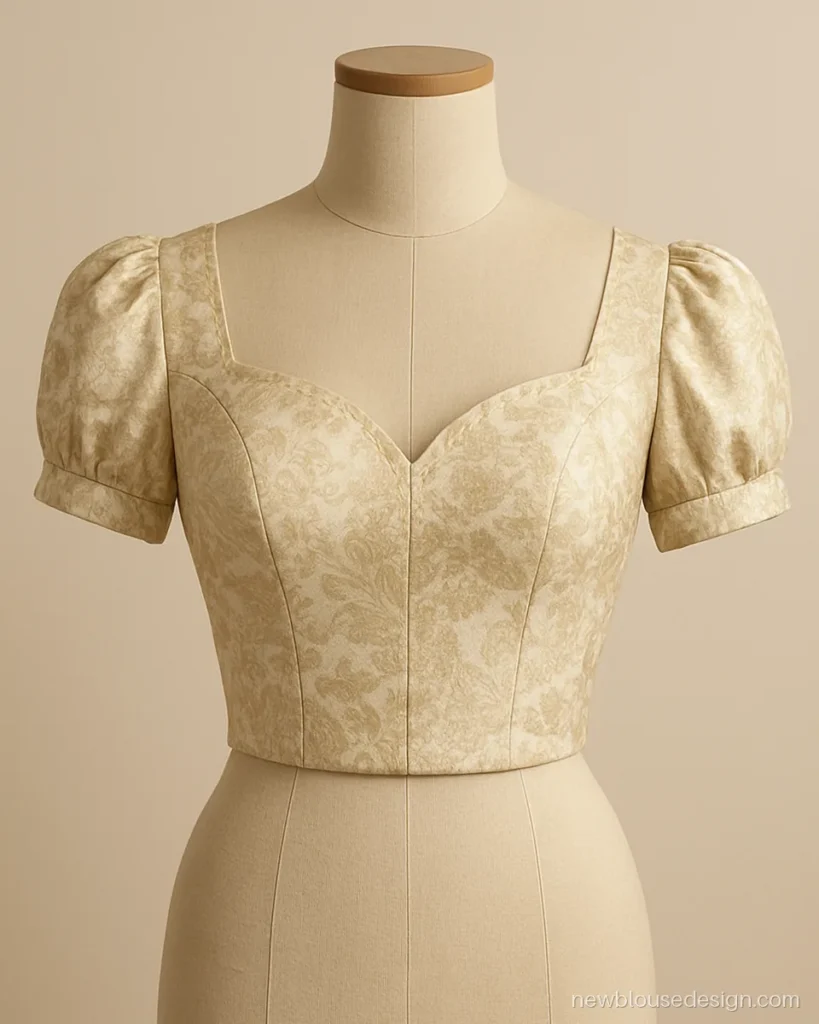 Ivory brocade Madhubala cut blouse with sweetheart front and short puff sleeves