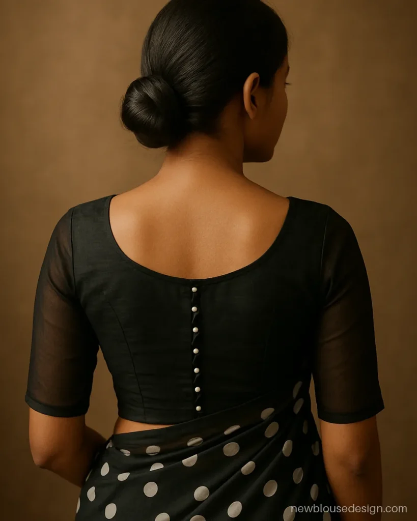 Black chiffon Madhubala design blouse with sheer sleeves and pearl buttons