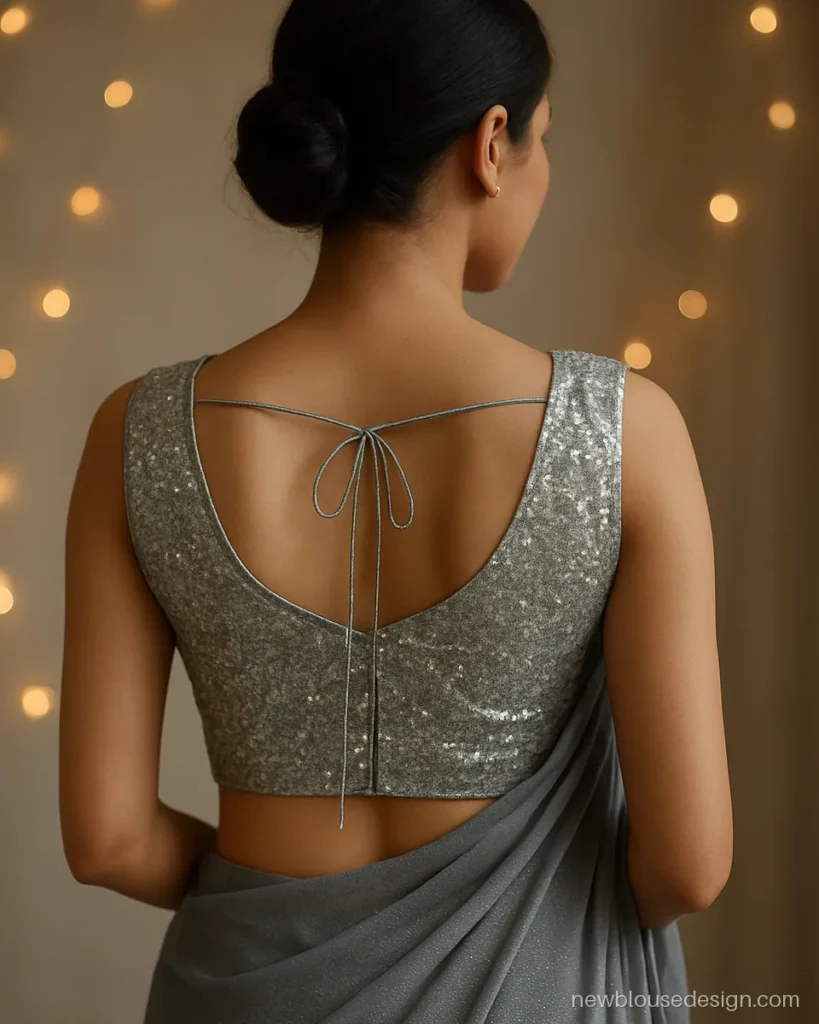 Silver sequin sleeveless sweetheart neck blouse back design with criss-cross dori