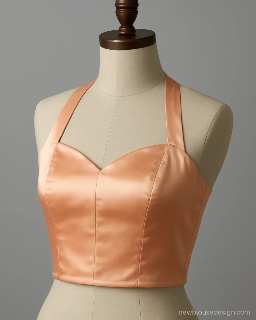 Peach satin sleeveless sweetheart blouse with straps set close to the neck