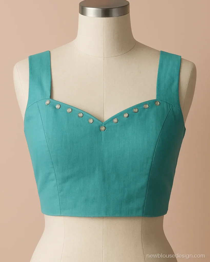 Turquoise cotton sleeveless blouse with sweetheart neck and mirror work border