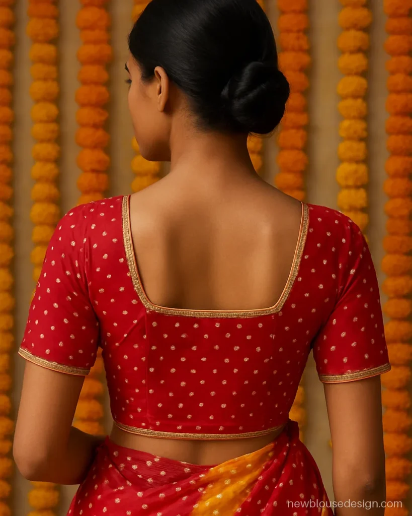 Red bandhani blouse back with a square neck edged in gold gota lace