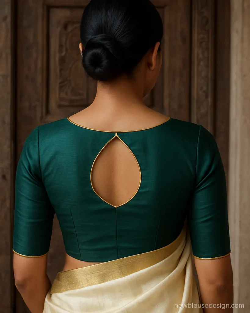 Green silk blouse back with a traditional matka shaped pot neck and gold piping