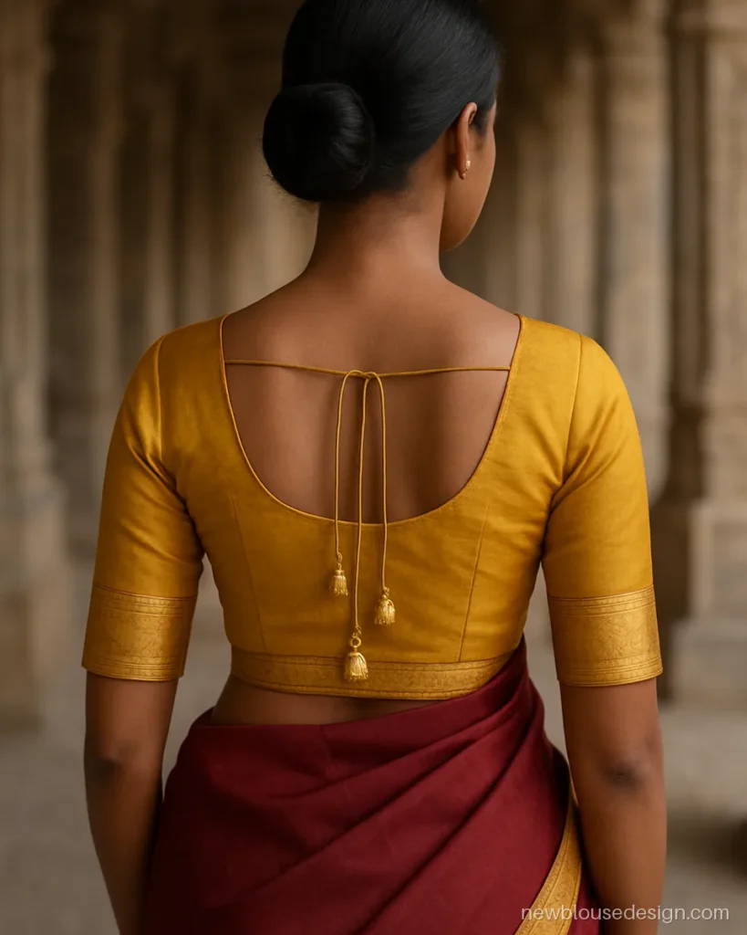 Traditional blouse design back in mustard Kanjivaram silk with temple border and latkans