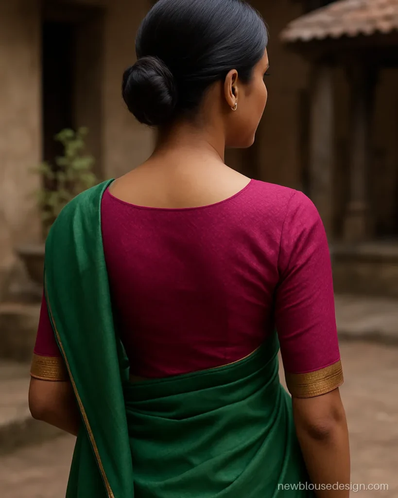 Magenta khan blouse back with elbow sleeves and a round neck, worn with a nauvari
