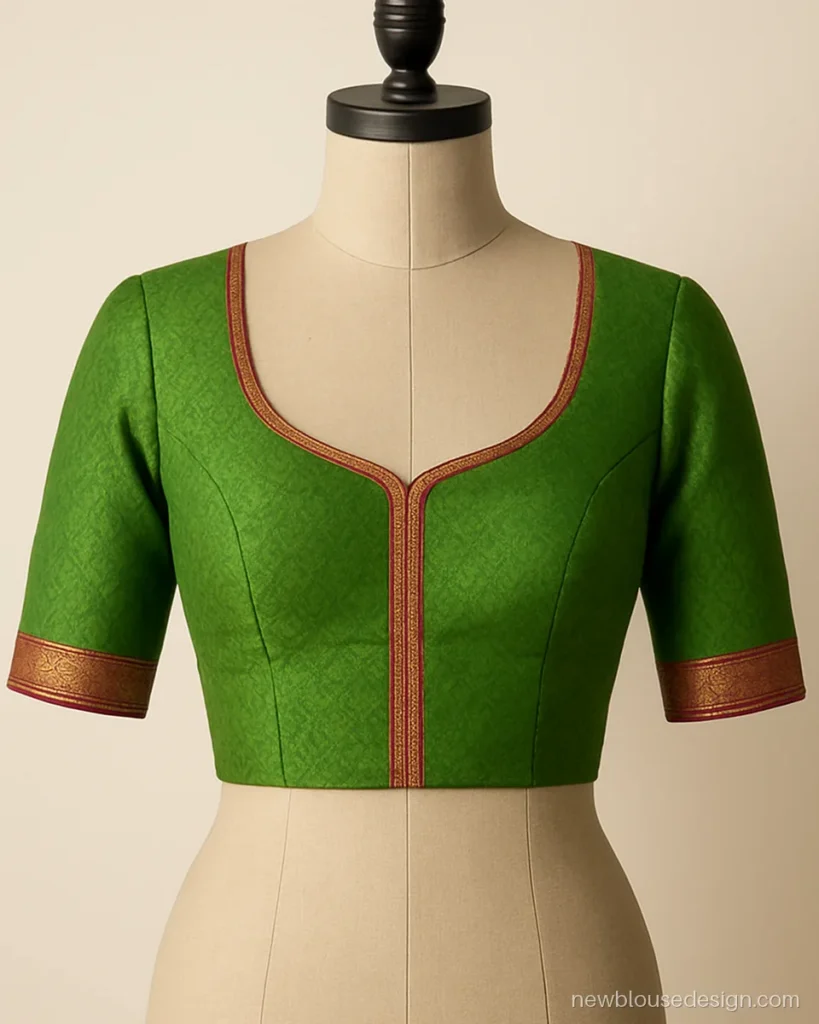 Parrot green khan blouse front with princess cut and a contrast pink border