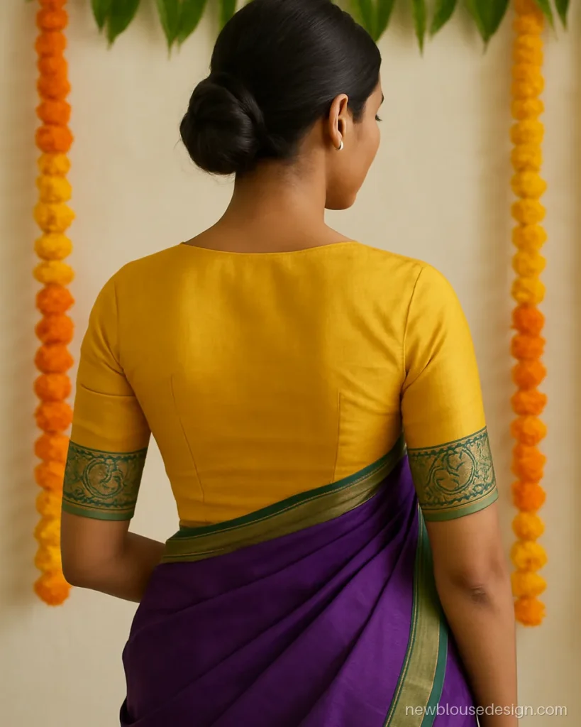 Yellow silk nauvari blouse back with elbow sleeves and a woven peacock border
