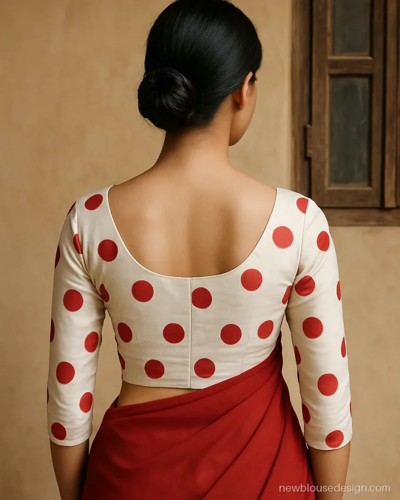 Retro blouse design back in white with large red polka dots and a boat neck