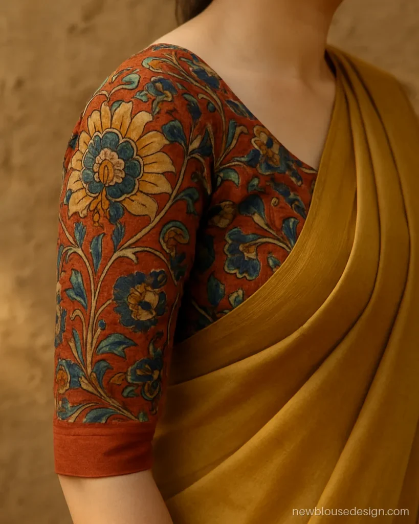 Kalamkari print blouse with three quarter sleeves finished in a plain border