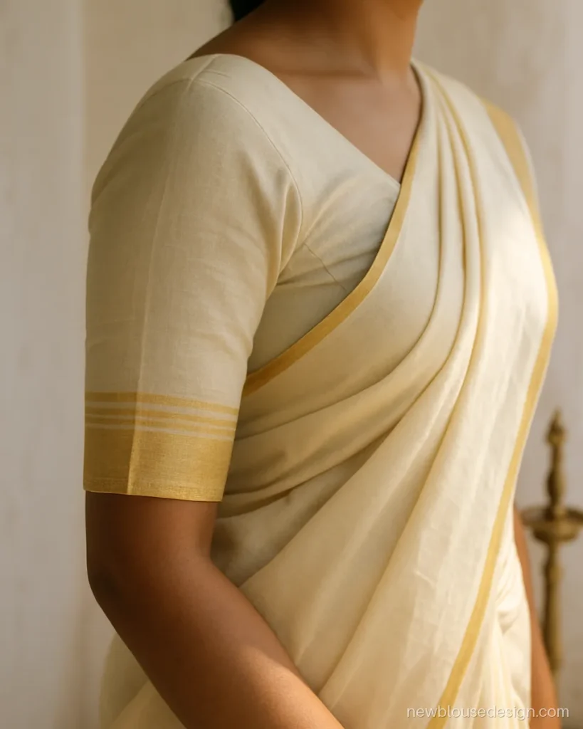 Cream cotton blouse sleeve with three gold kasavu zari lines near the elbow hem