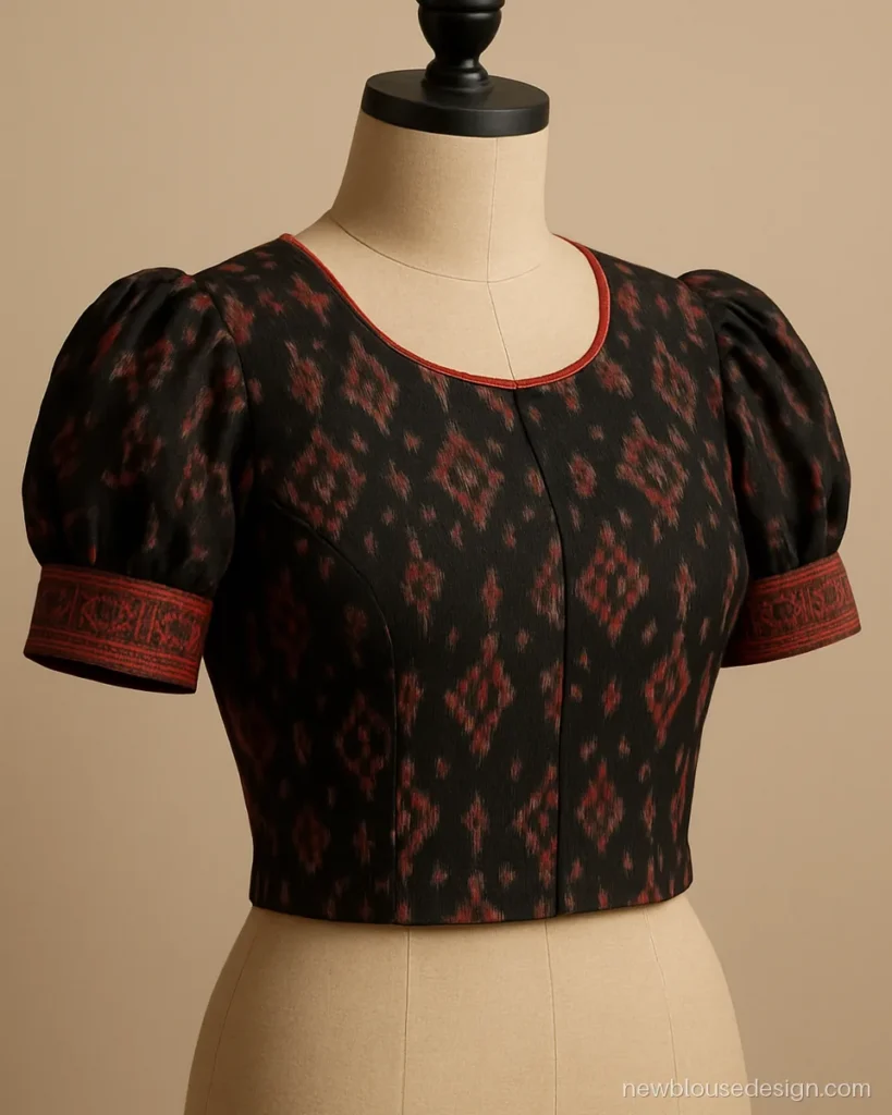 Sambalpuri ikat blouse with short puff sleeves closed in a woven border band