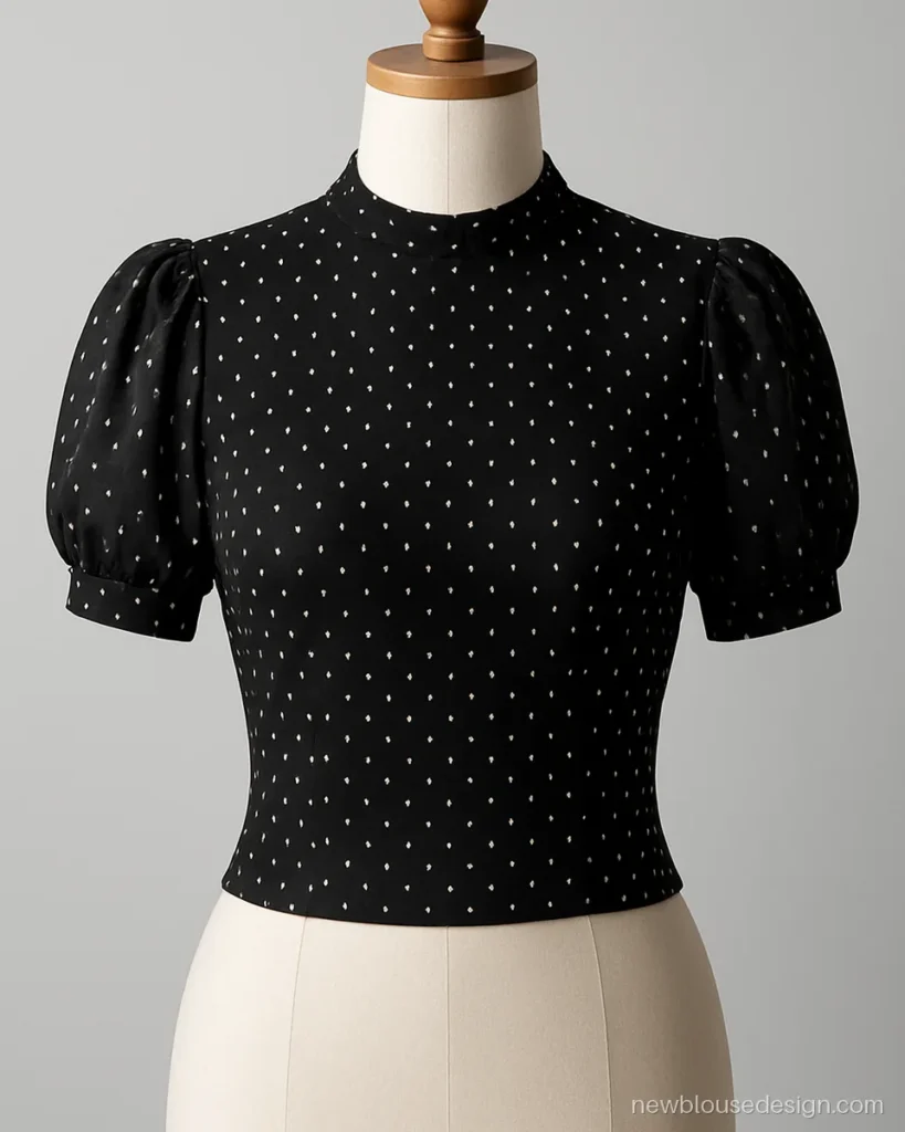 Vintage blouse design in black polka dot georgette with a high neck and short puffs