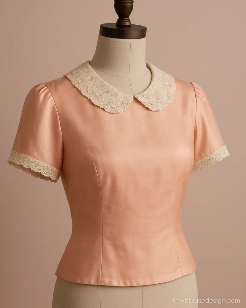 Vintage saree blouse design in pastel peach silk with a cream lace Peter Pan collar
