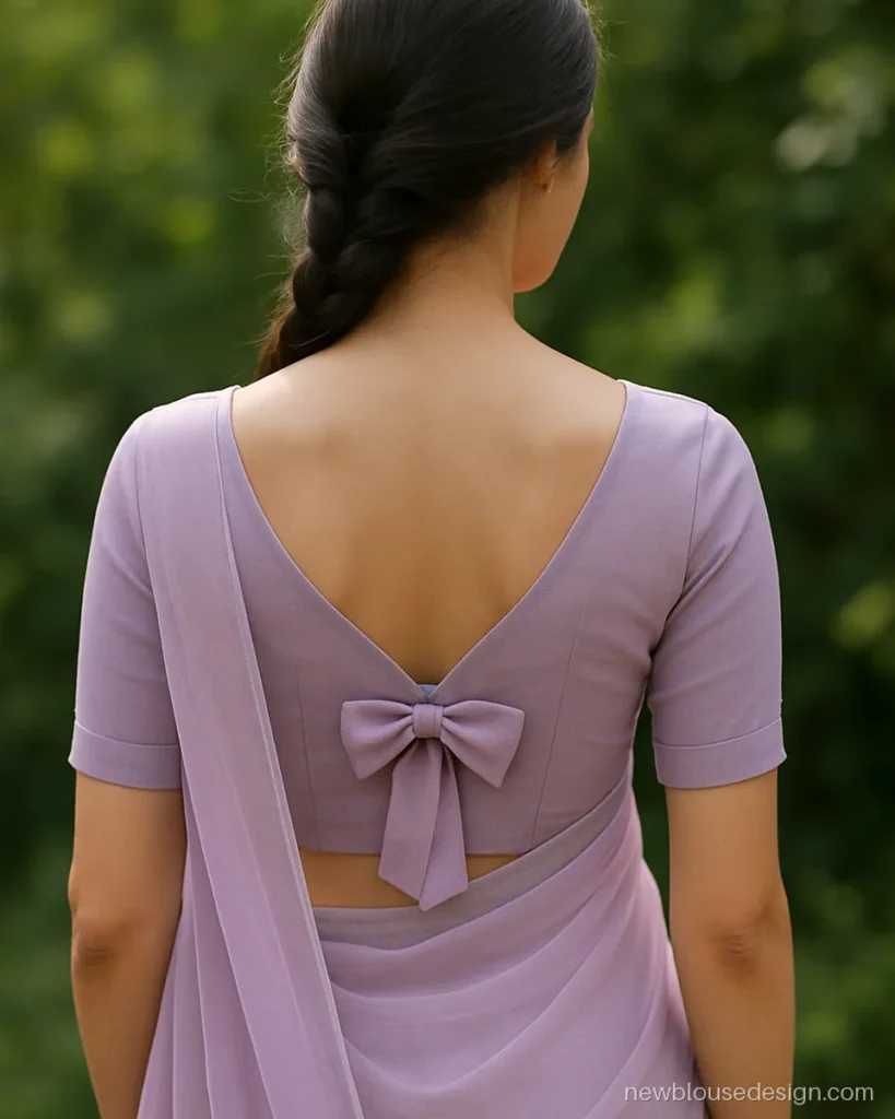 V neck classy blouse design with bow in lavender georgette at the back
