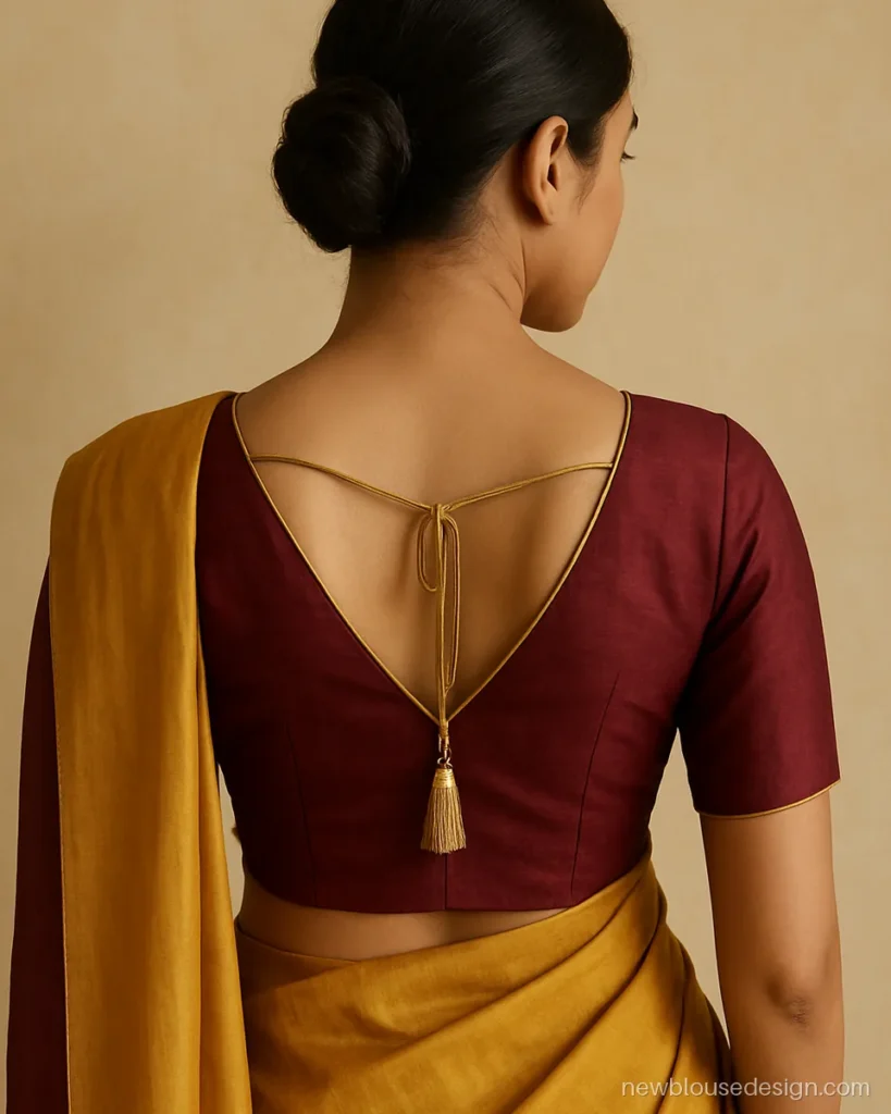 V neck blouse back design in maroon silk with a gold tassel dori at the base